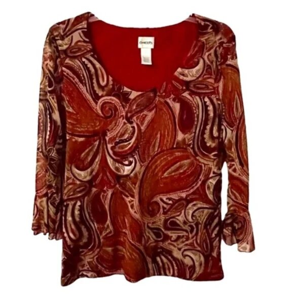 Chico’s Paisley Boho Scoop Neck Bell Sleeve Blouse Red Rust Olive Size L - Picture 2 of 13